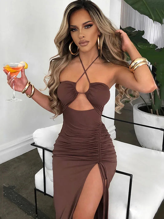 Vestido Halter Midi com Fenda — Vinho