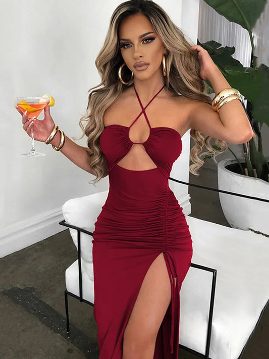 Vestido Halter Midi com Fenda — Vinho