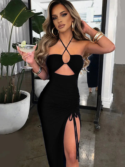 Vestido Halter Midi com Fenda — Vinho