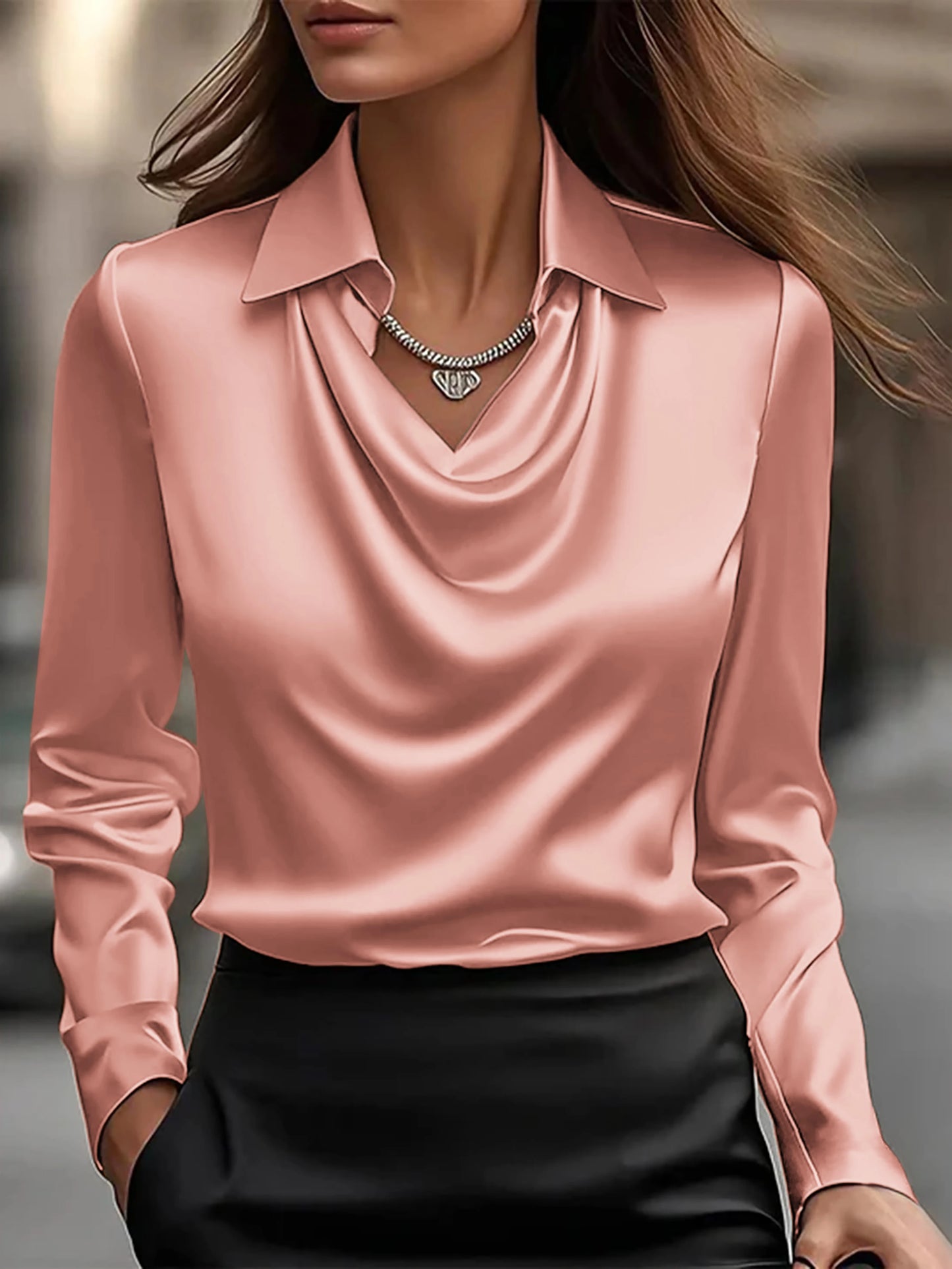 Blusa Feminina Cetim Decote V Manga Longa