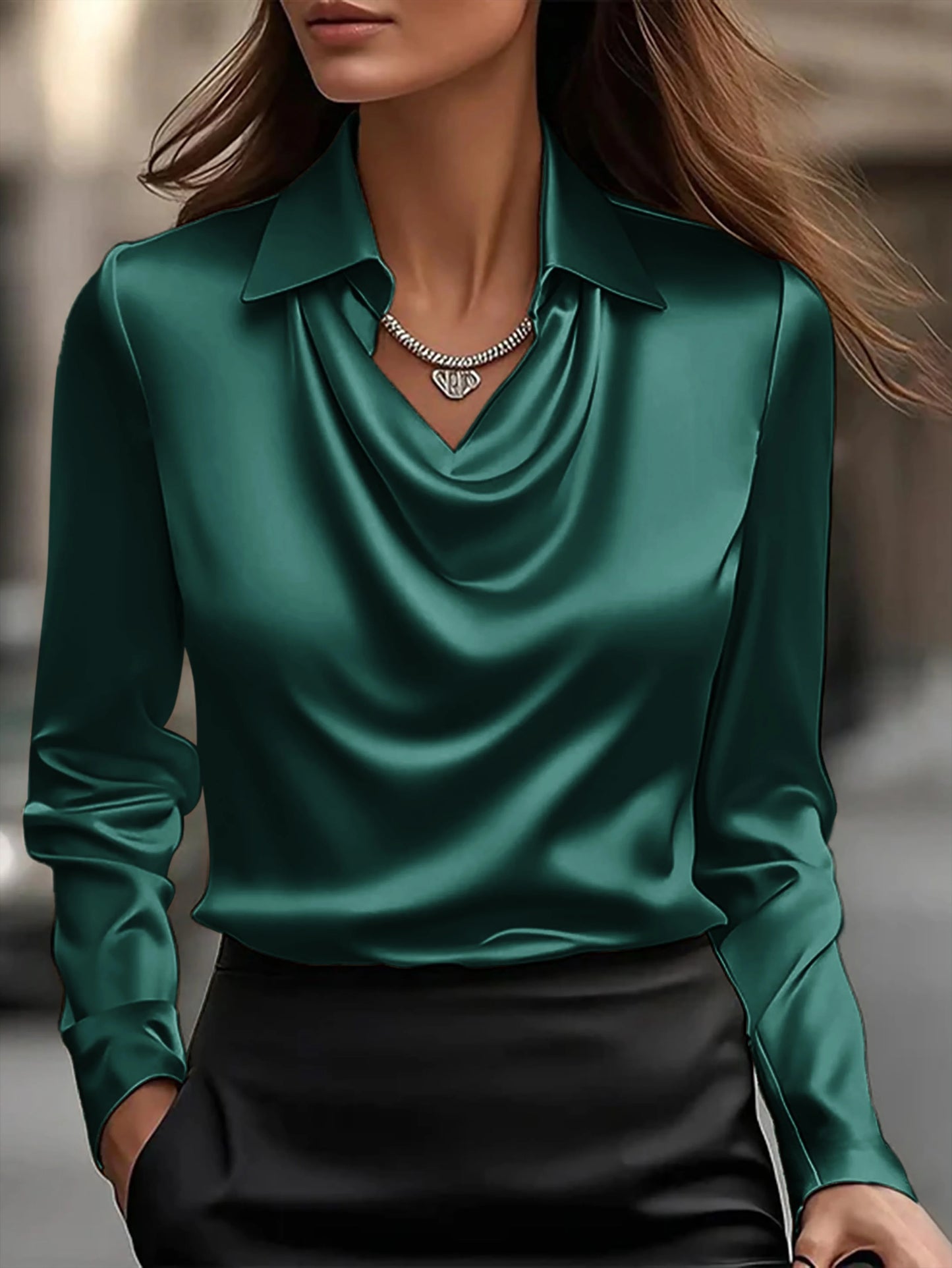 Blusa Feminina Cetim Decote V Manga Longa