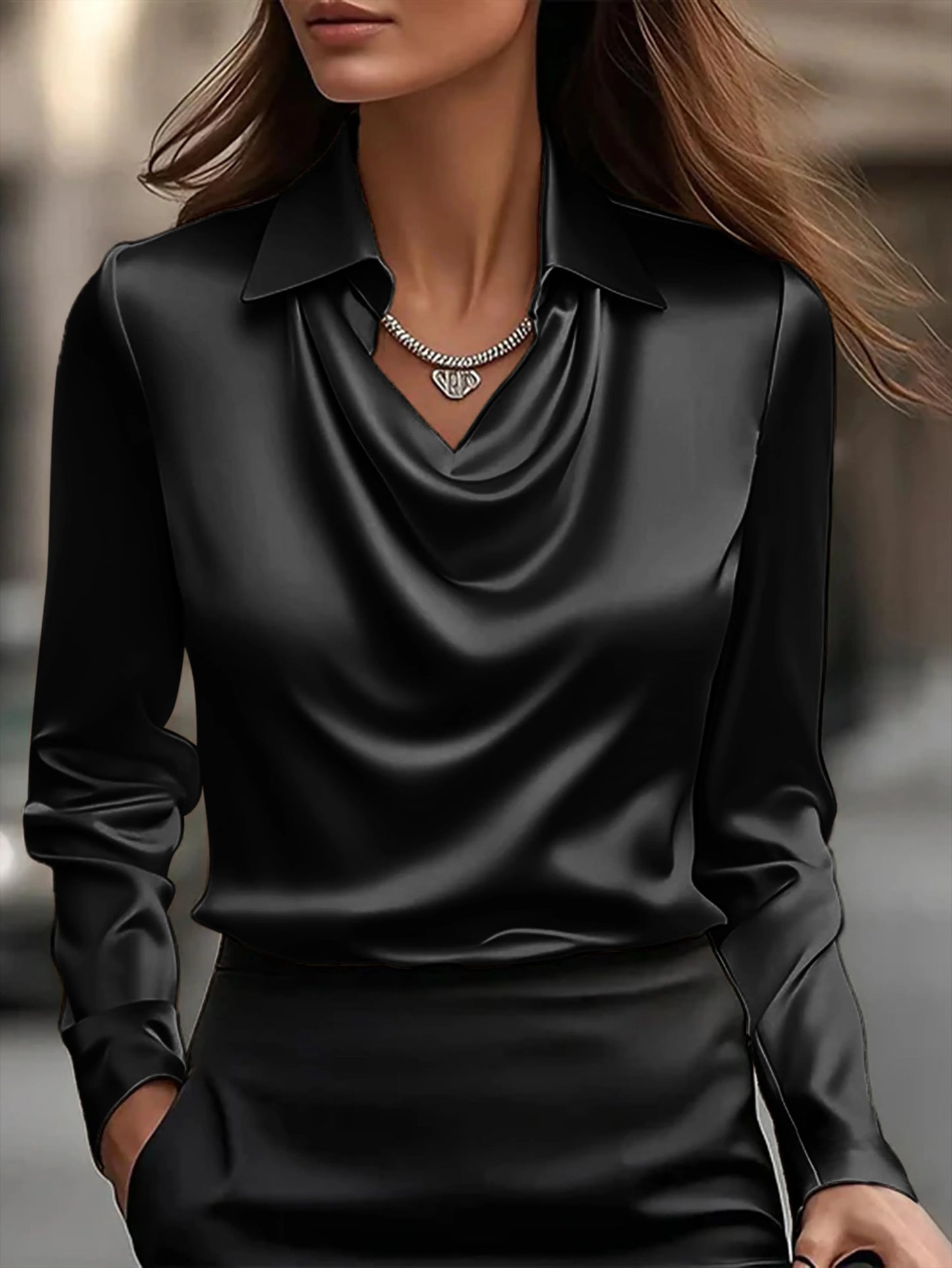 Blusa Feminina Cetim Decote V Manga Longa