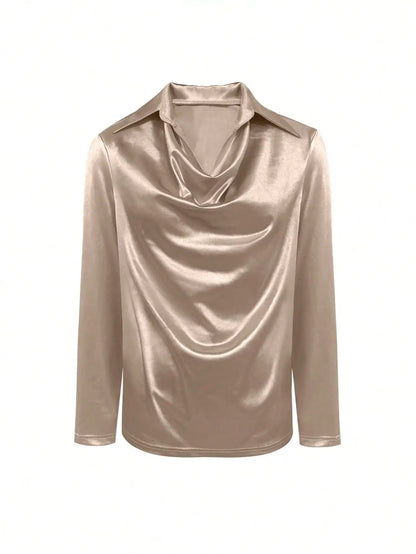 Blusa Feminina Cetim Decote V Manga Longa